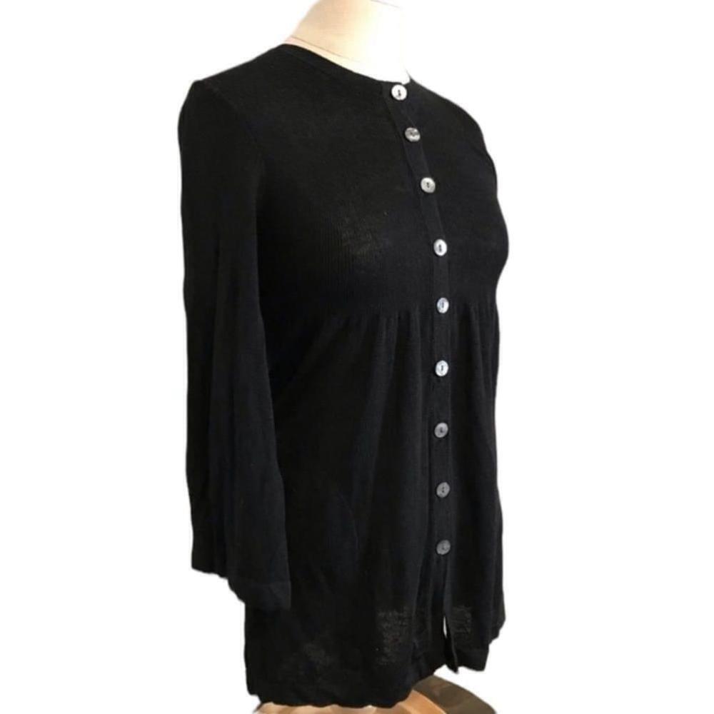 Trina Turk linen blend long sleeve button front black fitted cardigan top - Picture 3 of 11